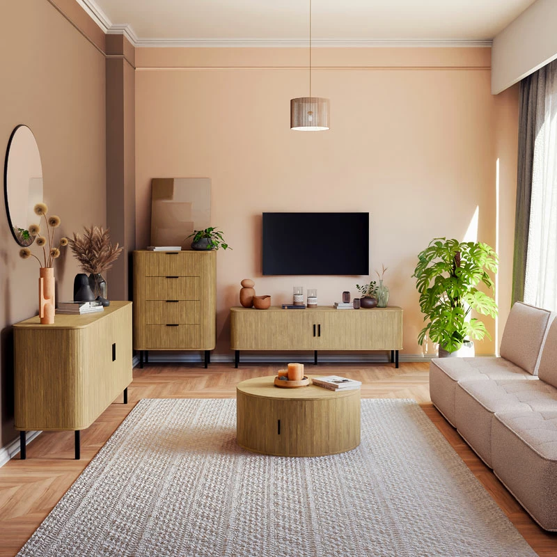 Komoda Scandi iz MDF, naravna barva, črne kovinske noge, 170x45x80 cm