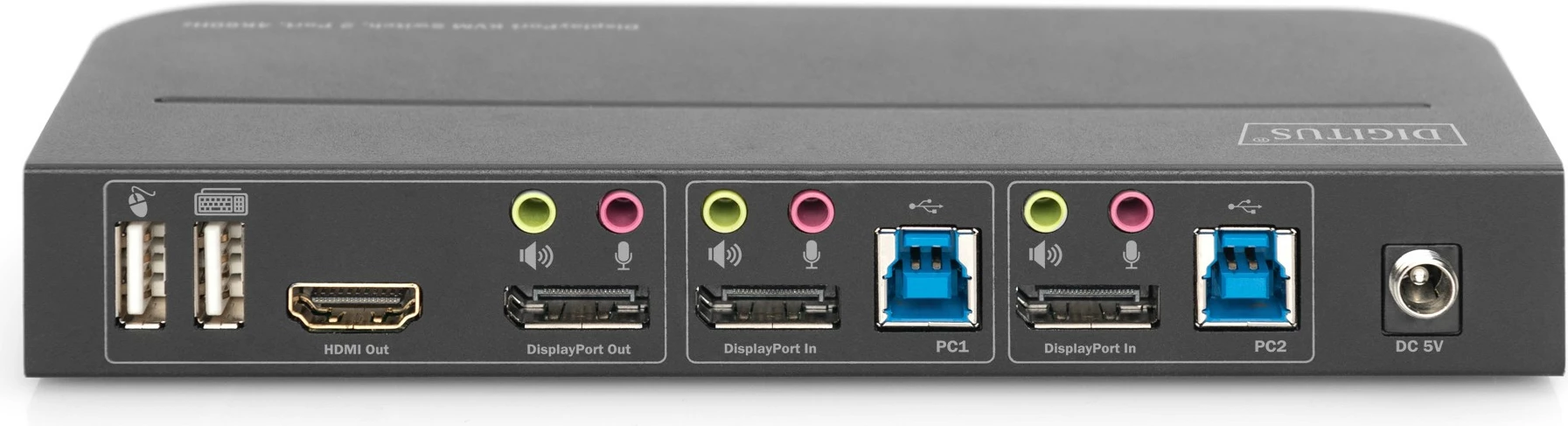 KVM stikalo Digitus DS-12850, 2 vrata, 4K/60Hz, 2x DP v 1x DP/HDMI, črno