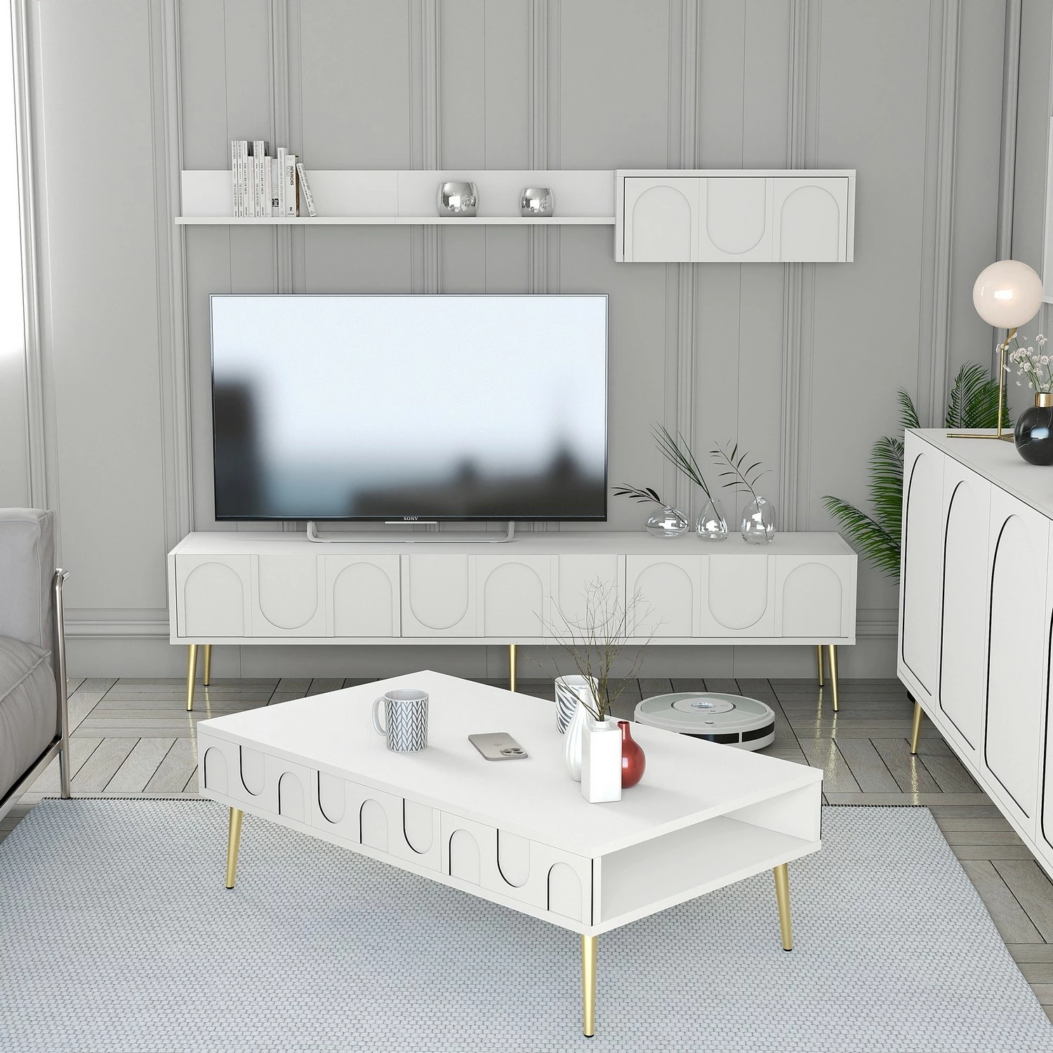 Pohištveni komplet za dnevno sobo, Skye Decor Lyon 3, beli in zlati