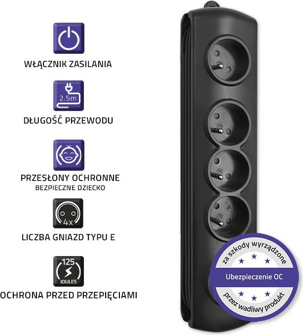 Razdelilec z zaščito pred prenapetostjo Qoltec 50105, 4 vtičnice, 2,5 m, črn