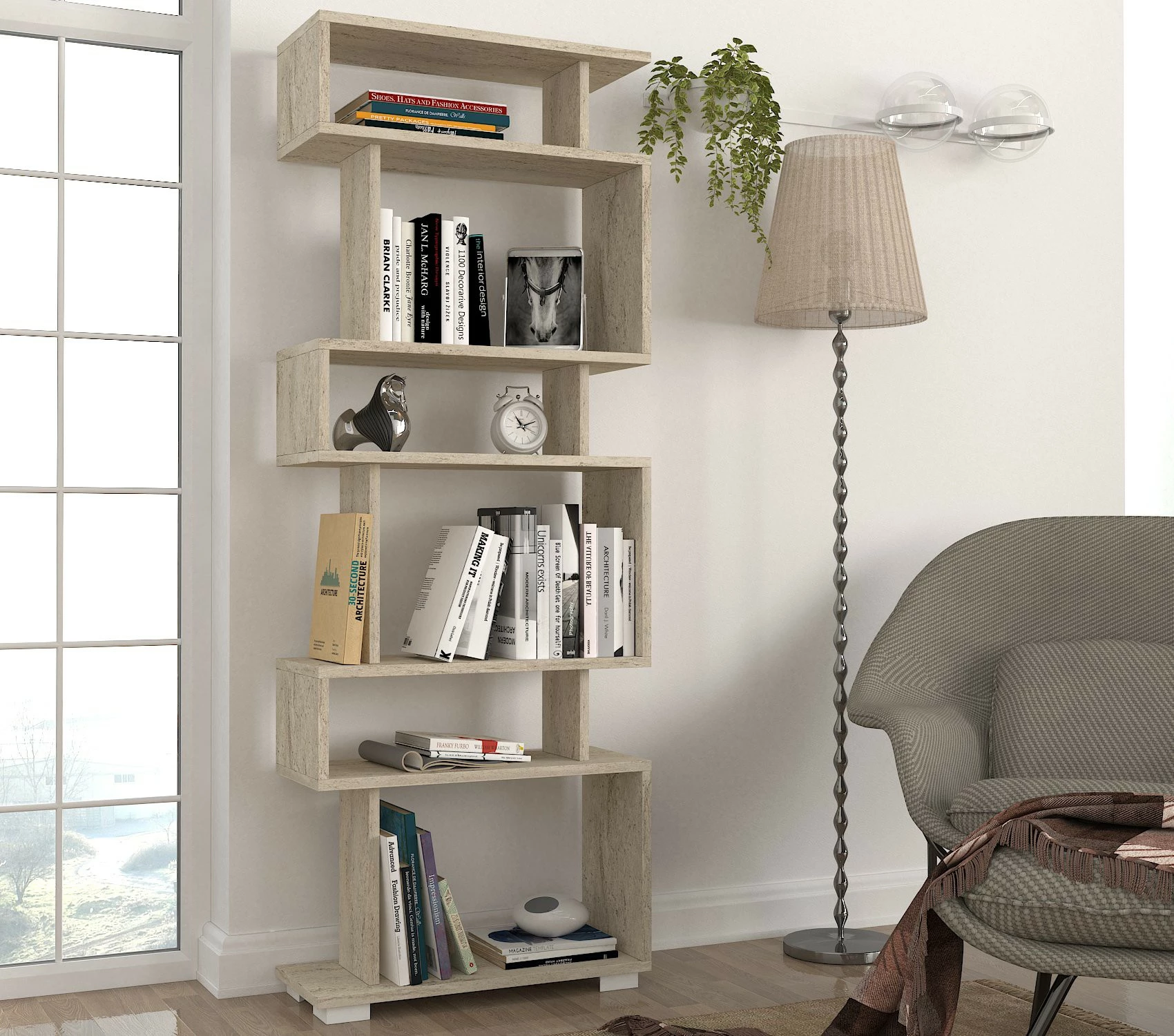 Raft za knjige z videzom marmorja Hanah Home, travertin, 60x165x19,5 cm