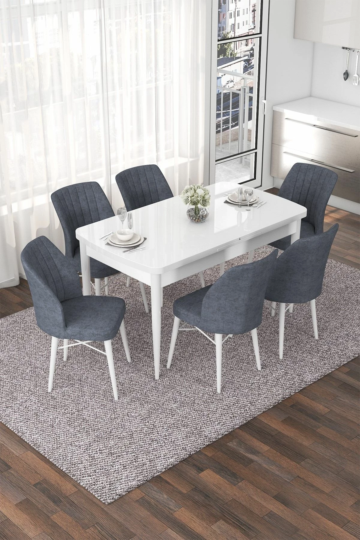 Raztegljiva jedilna miza s stoli, 7 kosov, Skye Decor, bela, fume