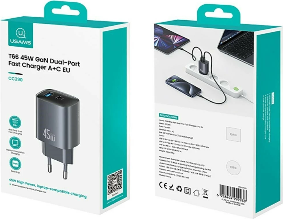 GaN stenski polnilec USAMS CC290 T66 (USA001665), 45 W, USB-C + USB-A, PD/QC, bel