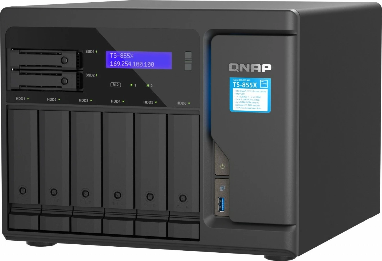 NAS QNAP TS-855X-8G, Intel Atom C5125, 8 GB RAM pomnilnik DDR4, 8 rež za HDD/SSD, črn