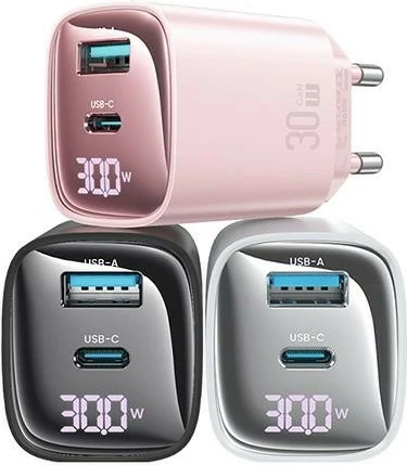 Stenski polnilec USAMS CC229, 30 W, GaN, 1x USB + 1x USB-C, digitalni zaslon, črn