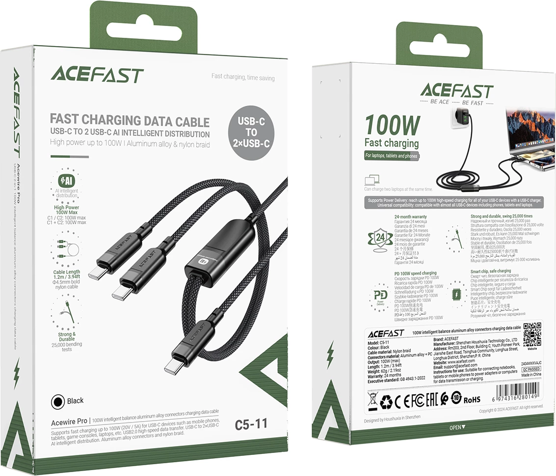 Kabel USB-C 2 v 1, 1,2 m, 100 W, črn Acefast C5-11