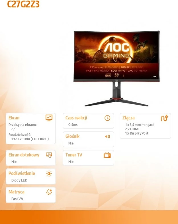 Igralni monitor, AOC C27G2Z3, 27", Fast VA, 280Hz, FHD, črn