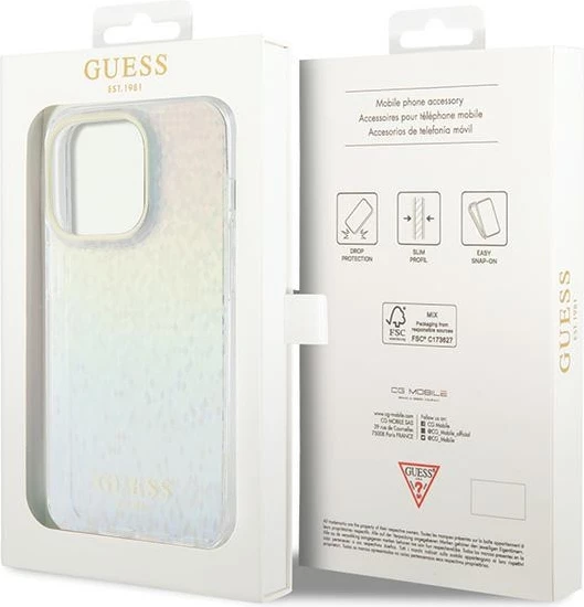 Zaščitni ovitek z zrcalnim disco iridescent učinkom Guess IML Faceted Mirror za iPhone 15 Pro, večbarven