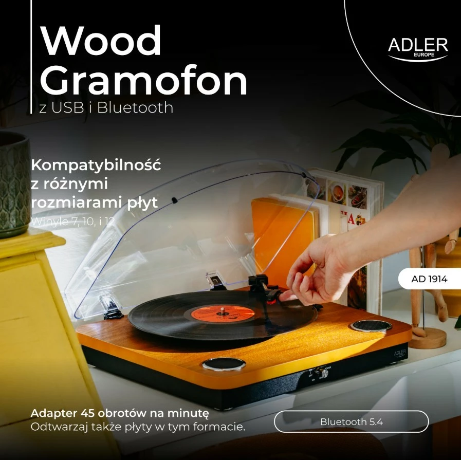 Gramofon Adler AD1914Wood, z Bluetooth, USB, lesene barve