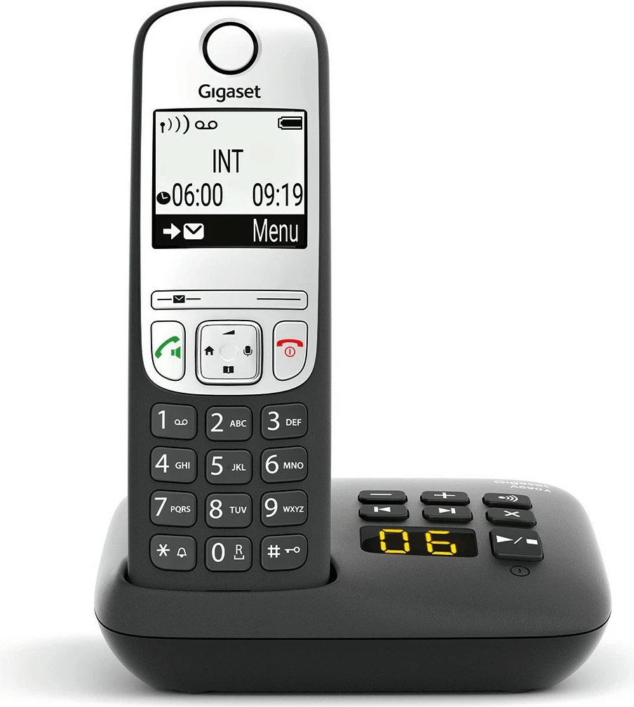 Brezžični stacionarni telefon z avtomatskim snemalnikom Gigaset A690A, imenik 100 stikov, črn