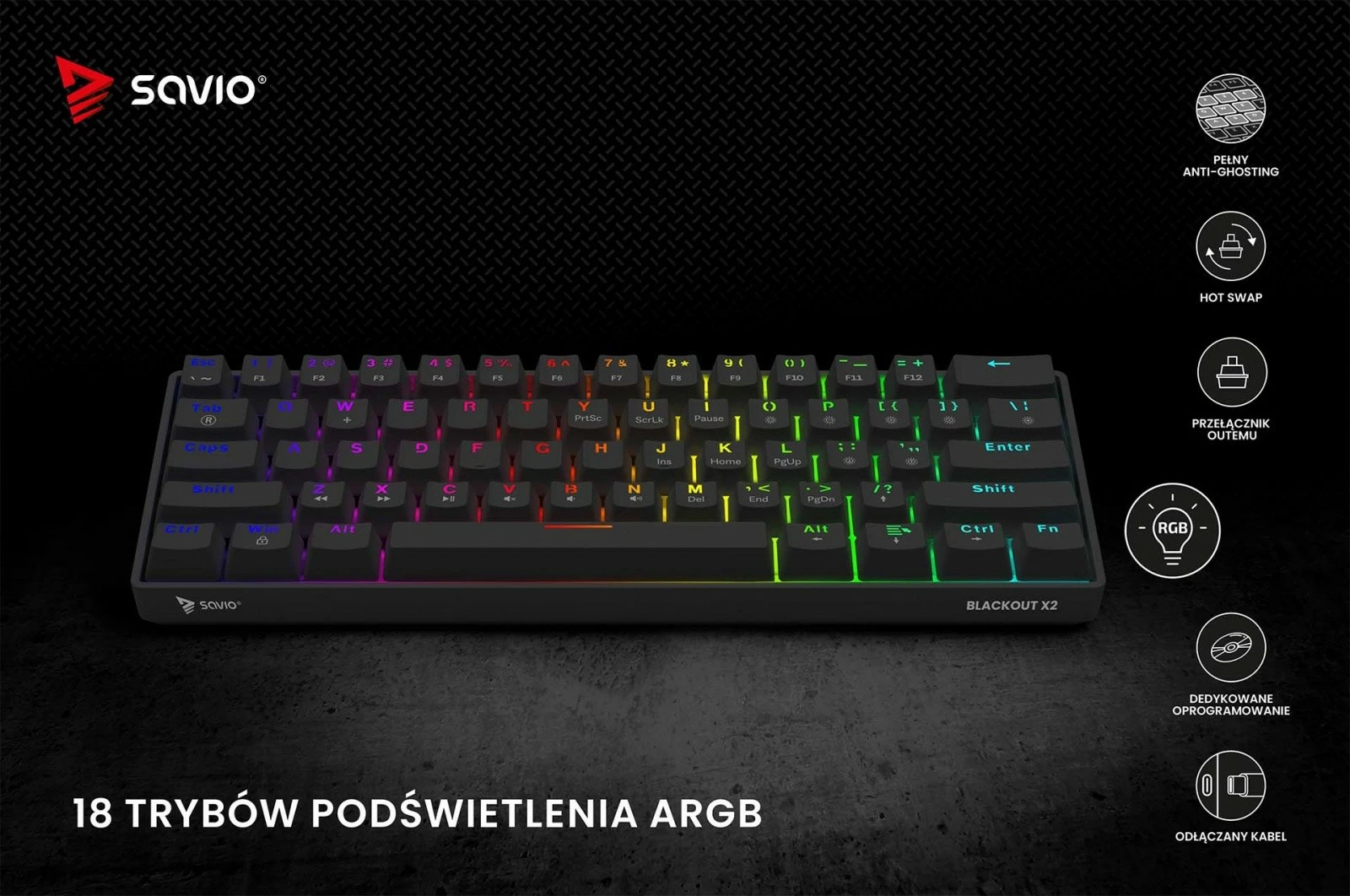 Mehanična tipkovnica 60% z ARGB osvetlitvijo, Savio Blackout X2, OUTEMU Red, črna