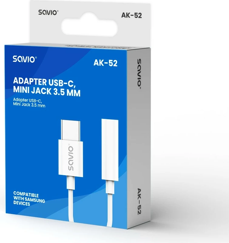 Adapter USB-C na mini jack 3,5 mm, Savio AK-52, bel