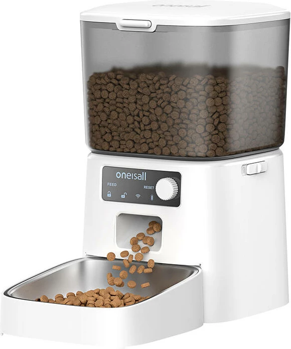 Pametni avtomatski dozator hrane, Oneisall PFD001 Pro, 1,2 kg, do 6 obrokov/36 porcij, elektrika + baterije, bel