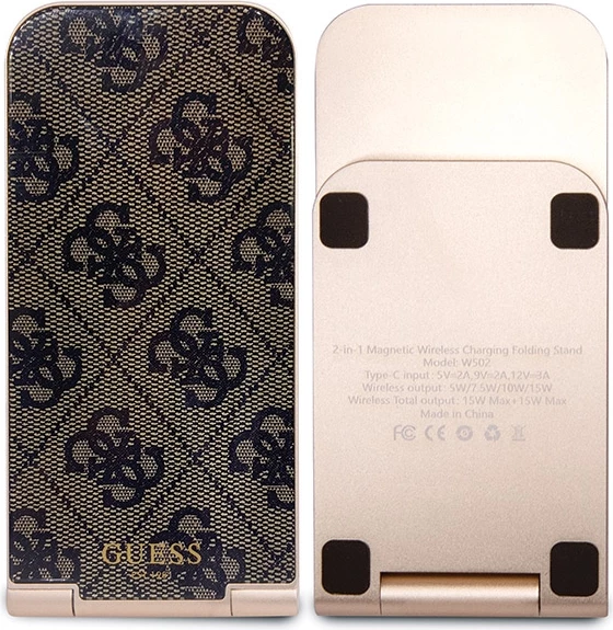 Indukcijski polnilec 2‑v‑1 z vzorcem Guess MagSafe, 15 W, zložljiv, rjav