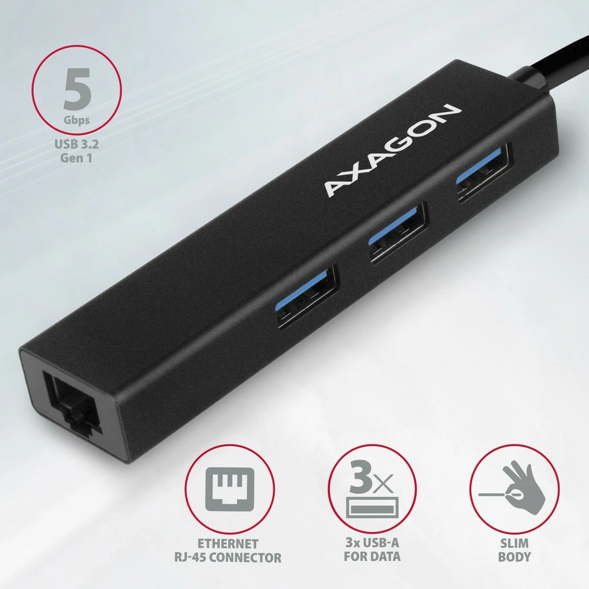 Multiport USB hub, 4 v 1, 5 Gbps, 3x USB-A + Gigabit LAN, aluminij, USB-A kabel 20 cm, črn - AXAGON HMA-GL3A