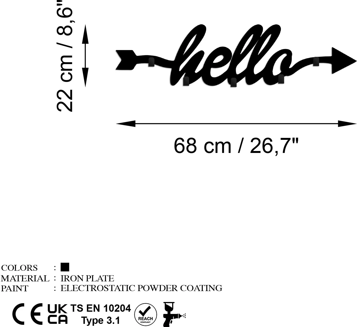 Varovalo za steno iz kovine Wallity, Hello, črna, 68x22x2 cm