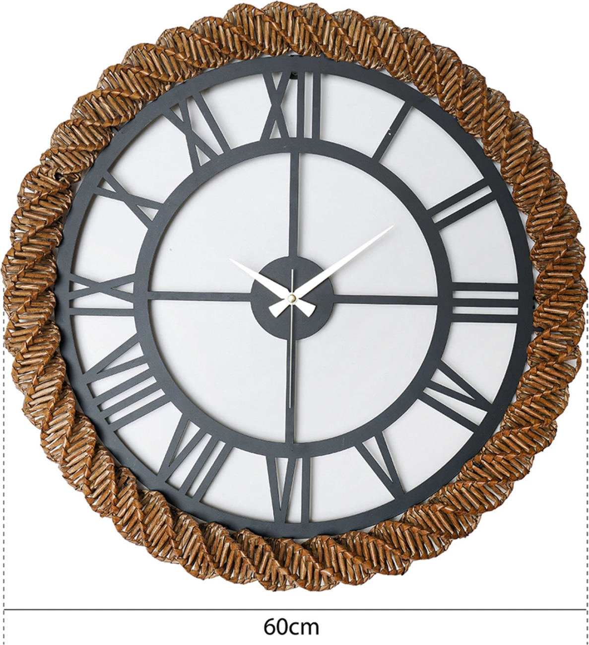 Okrogla stenska ura FH4337 iz temno sive kovine s pleteno slamo v naravni barvi Φ60 cm
