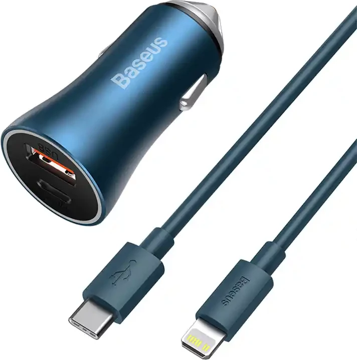 Polnilec za avto, 40W, USB + USB-C, s kablom USB-C na Lightning 1 m, moder Baseus Golden Contactor Pro