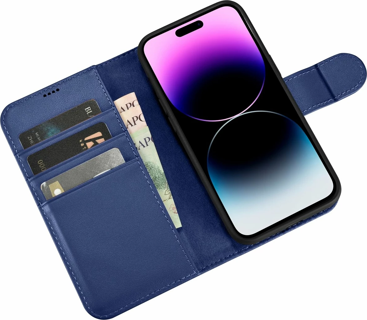 Ovitek za telefon 2-v-1 z denarnico, naravno usnje, Anti-RFID, modra, iCarer Wallet Case za iPhone 14 Pro