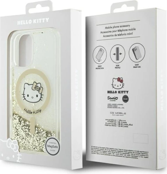 Zaščitni ovitek z zlatimi delci Hello Kitty Liquid Glitter Fever MagSafe za iPhone 16, Gold