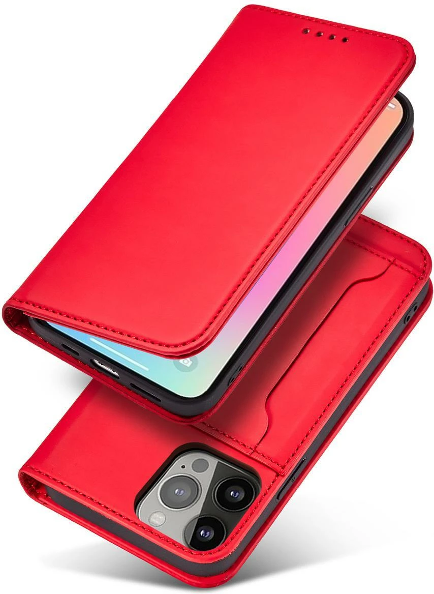Ovitek za telefon z magnetnim držalom za kartice, denarnica in stojalom, rdeč, Hurtel za iPhone 14