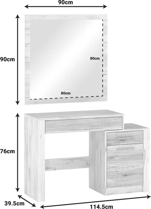 Miza za ličenje z ogledalom Neruda, antično bela hrast, 114,5x39,5x76 cm