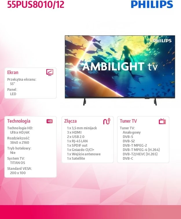LED televizor 55", Ultra HD 4K Ambilight, Titan OS, Philips 55PUS8010/12, črn