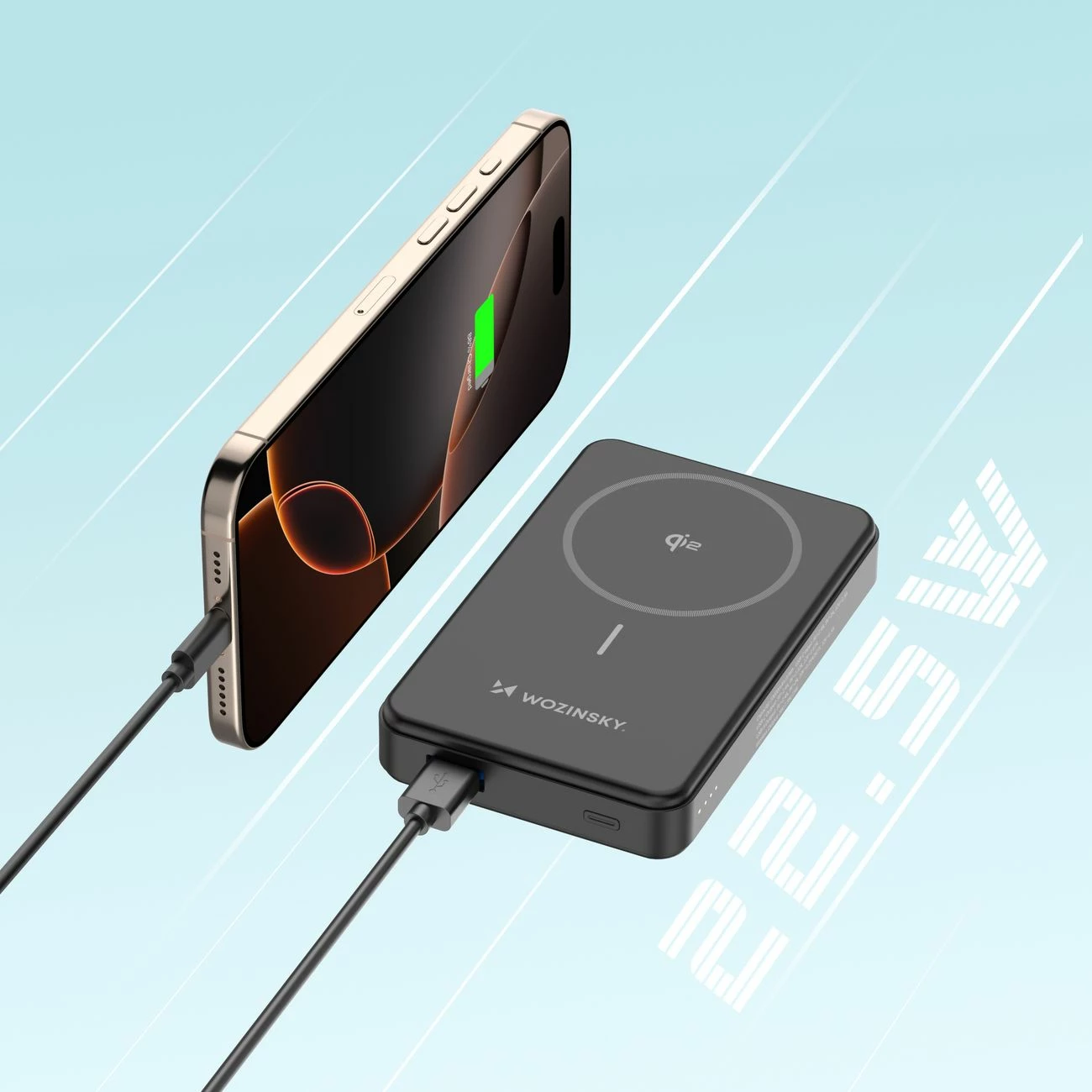 Zunanji akumulator Wozinsky WLWP-10KA0Y3S, 10.000 mAh, 22,5W PD, Qi2, s stojalom, črn