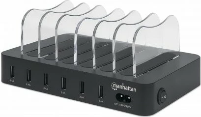 Stojalo za polnjenje z 6 USB vrati MANHATTAN, 2,4A/5V, 55W, črno