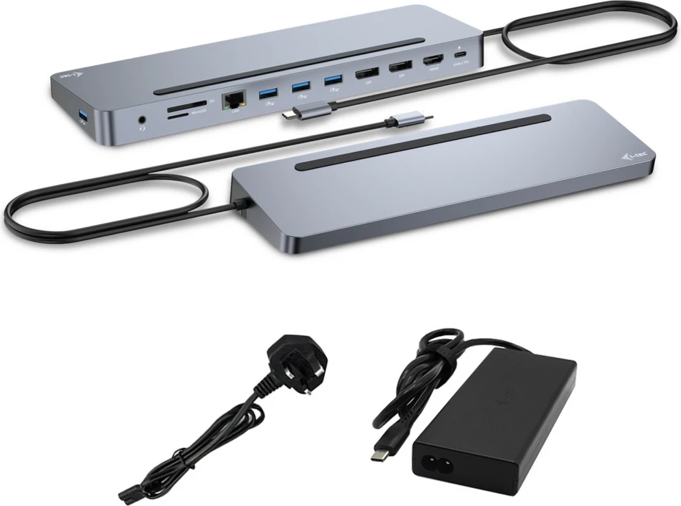Dokovska postaja USB-C I-Tec, metalna ergonomska, 3x 4K, 100W, z univerzalnim polnilnikom, srebrna