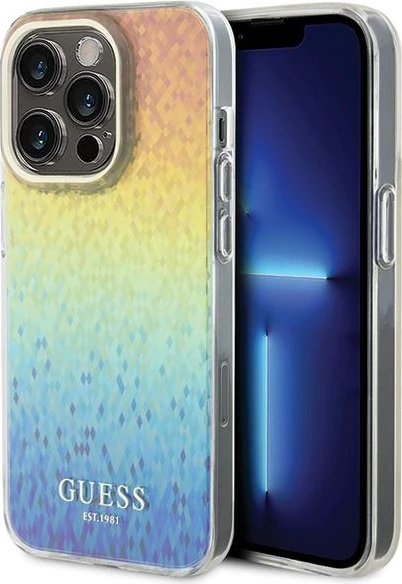 Zaščitni ovitek z zrcalnim disco iridescent učinkom Guess IML Faceted Mirror za iPhone 15 Pro, večbarven