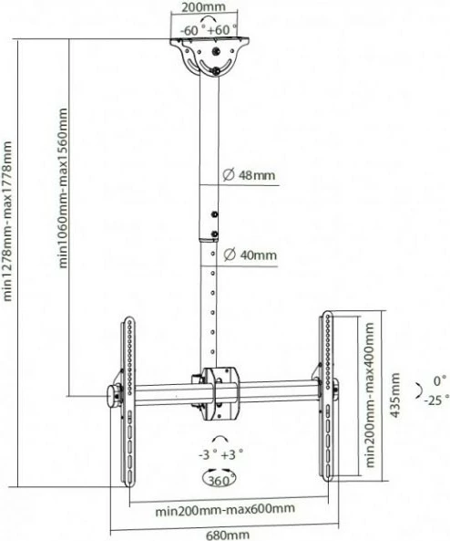 Stropni nosilec za TV/monitor Techly 309357, za LCD/LED 37-70 inch, 50 kg, črn