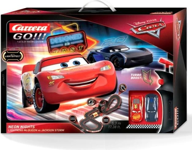 Nočna dirka z osvetlitvijo Lightning McQueen in Jackson Storm, Set dirkalnih avtomobilov Carrera RC Neon Nights, 1:43, z lučmi, večbarven