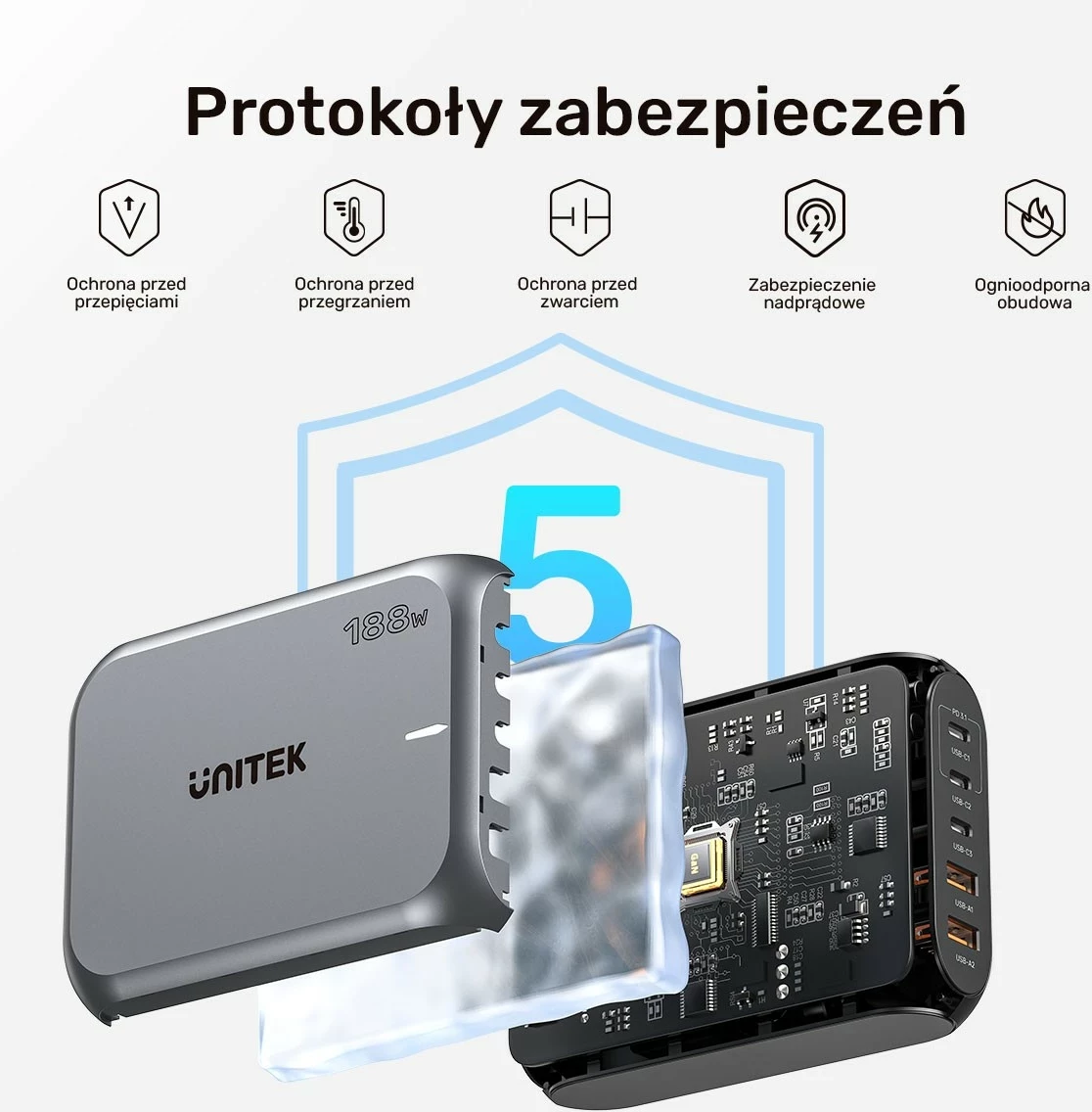 Visokozmogljiv polnilec Unitek GaN 188W, 2x USB-A, 3x USB-C, siv