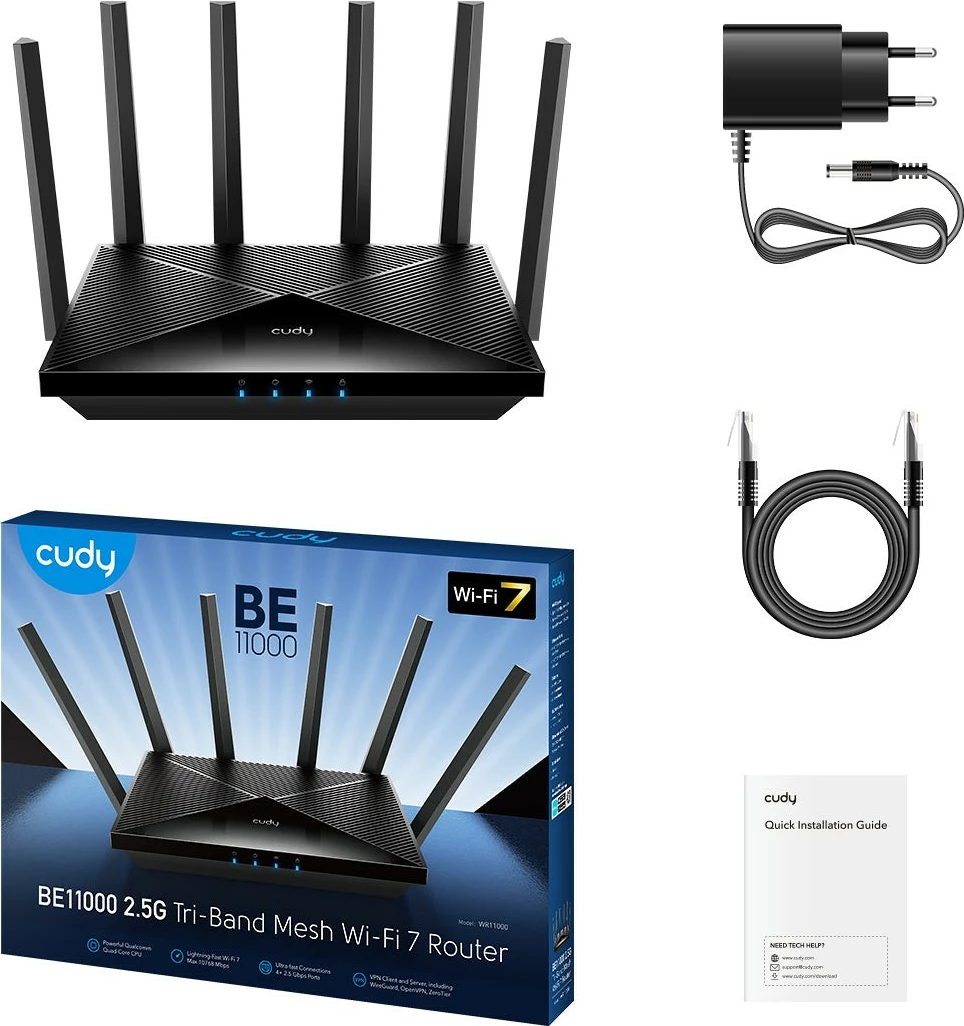 Tri‑band Wi‑Fi 7 usmerjevalnik Cudy WR11000 (BE11000), 10,6 Gbps, 4x 2,5G, Mesh, črn