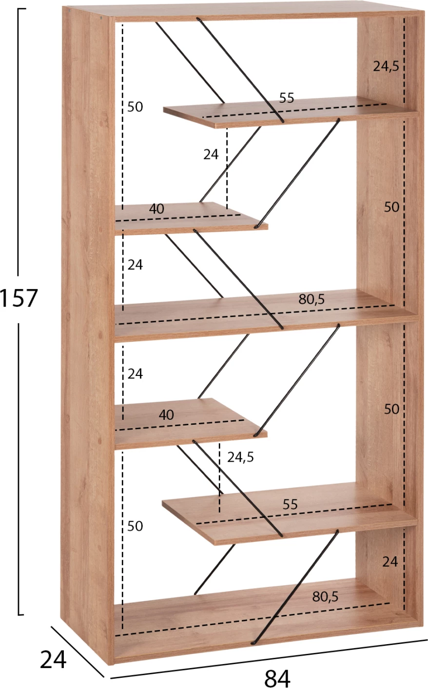 Knjižna omara TARS FH2240.14 naravni hrast melamin-črne kovinske palice 84x24x157Hcm