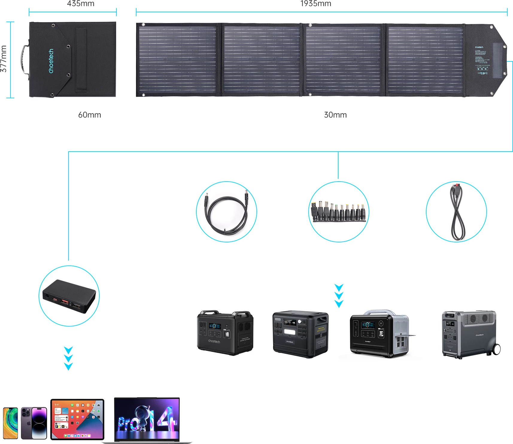 Zložljiv sončni polnilec Choetech SC009-V2, 100 W, 2x USB-A, USB-C, črn