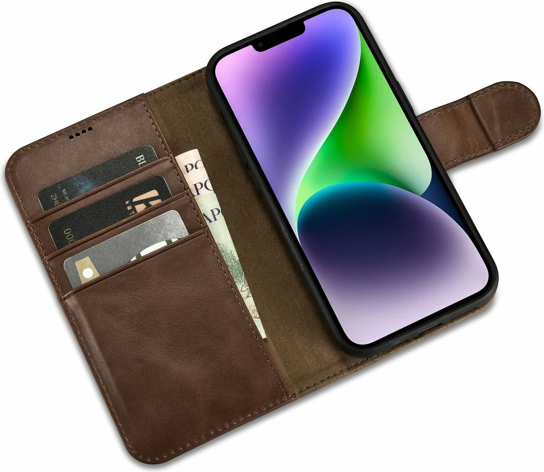 Ovitek 2-v-1 Oil Wax Wallet za iPhone 14 Plus, iCarer, naravno usnje, Anti-RFID, rjav
