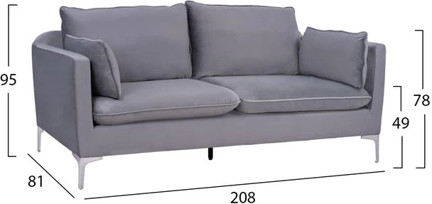 Sedežna garnitura Karen 3-sedežna v sivi barvi iz žameta in kovinskimi kromiranimi nogami FH3136.31 208x81x95 cm