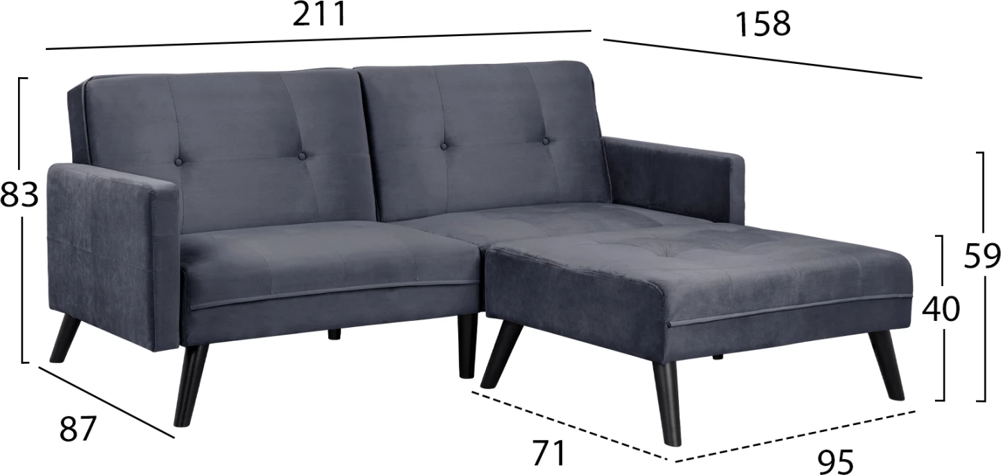 Kotna postelja Livia FH3151.01 iz žameta v sivi barvi z naslonom za noge 211x158x83cm