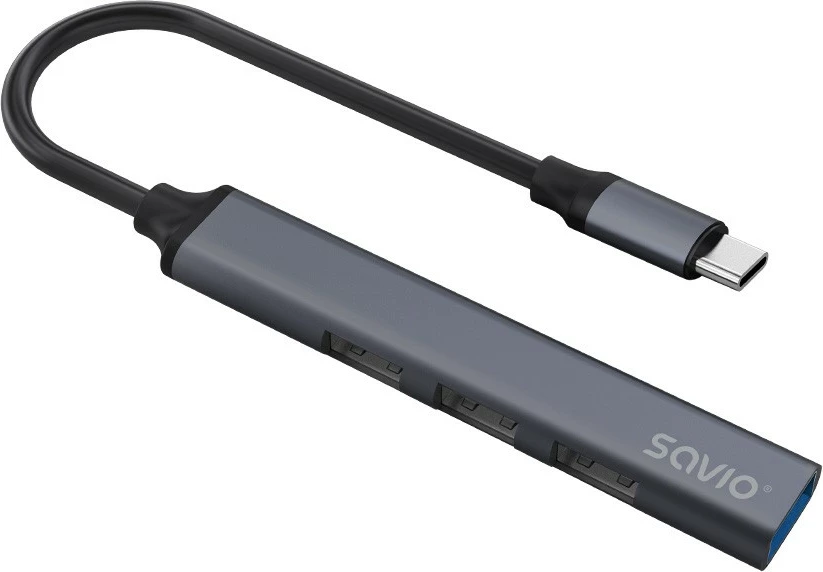 USB-C razdelilec Savio AK-71, 4 vrata (3x USB-A 2.0, 1x USB-A 3.1 Gen 1), siv