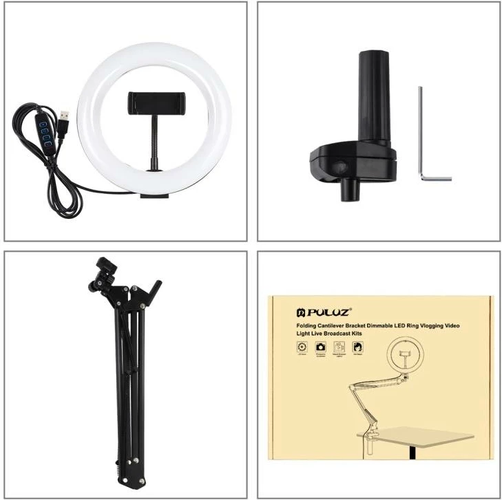 Namizni nosilec z ring light Puluz PKT3089B, 20 cm, 3 barve, z USB