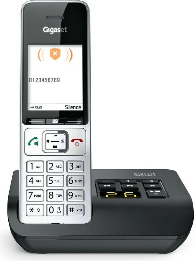 Fiksni telefon Gigaset COMFORT 500A, analogni/DECT, z avtomatskim snemalnikom, barvni zaslon, 200 stikov, črn/srebrn