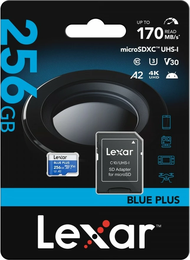 MicroSD kartica 256 GB Lexar Blue Plus UHS-I 170MB/s C10 A2 U3 V30 z SD-adapterjem, modra