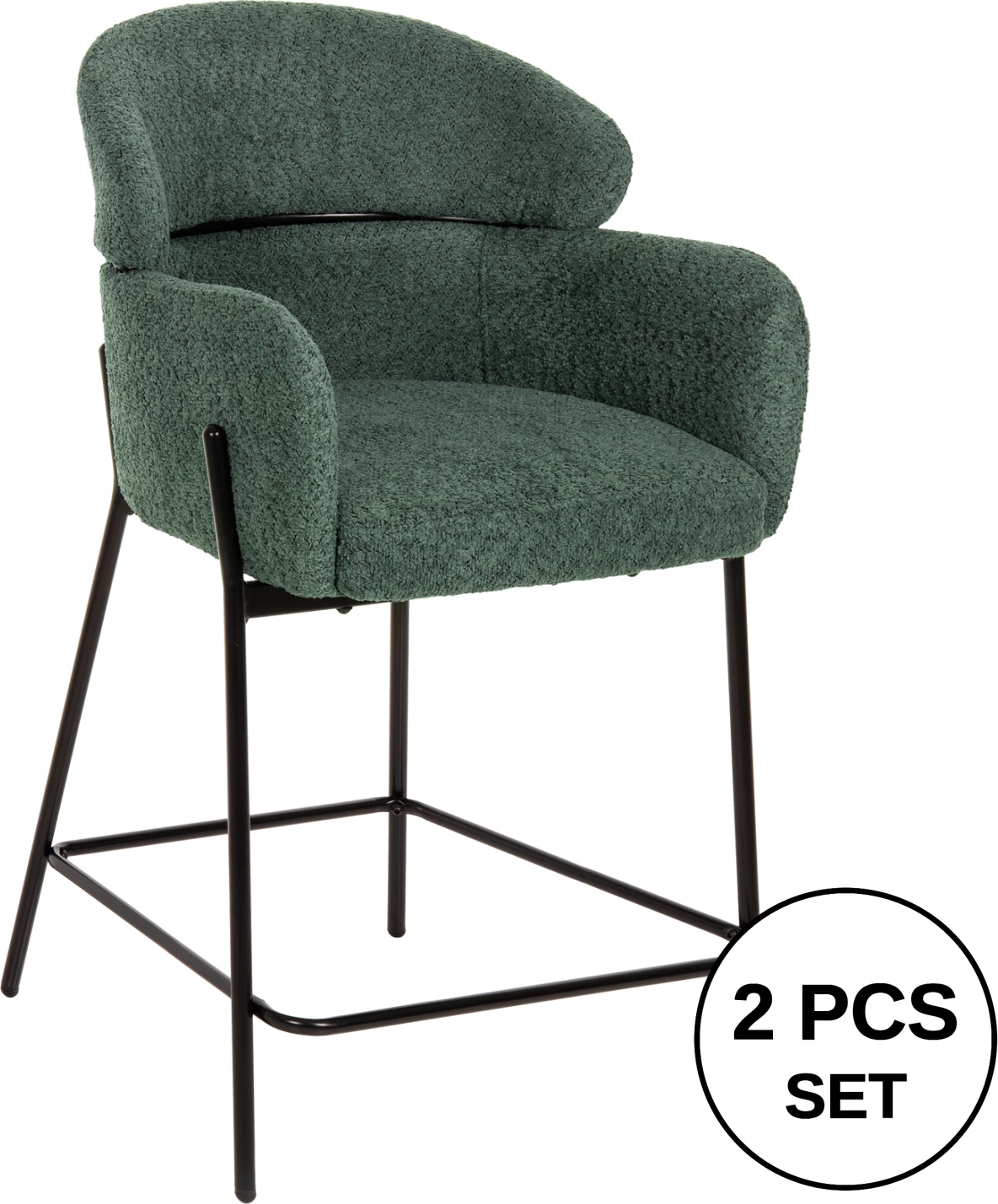 Barski stol srednje višine WOLF FH8584.03 v petrol zelenem bouclé blagu-črne kovinske noge 56x56x96Hcm, set 2 kosov