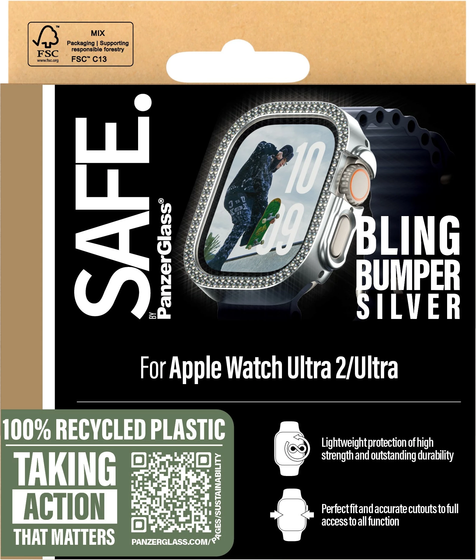 Zaščitni ovitek PanzerGlass SAFE Bling Bumper za Apple Watch Ultra 2, prozoren, srebrn