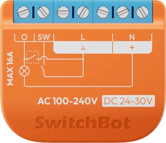 Pametno stikalo Relay Switch 1PM SwitchBot, Wi‑Fi + Bluetooth, Matter, merjenje porabe 16A, AC 100‑240V / DC 24‑30V, oranžno