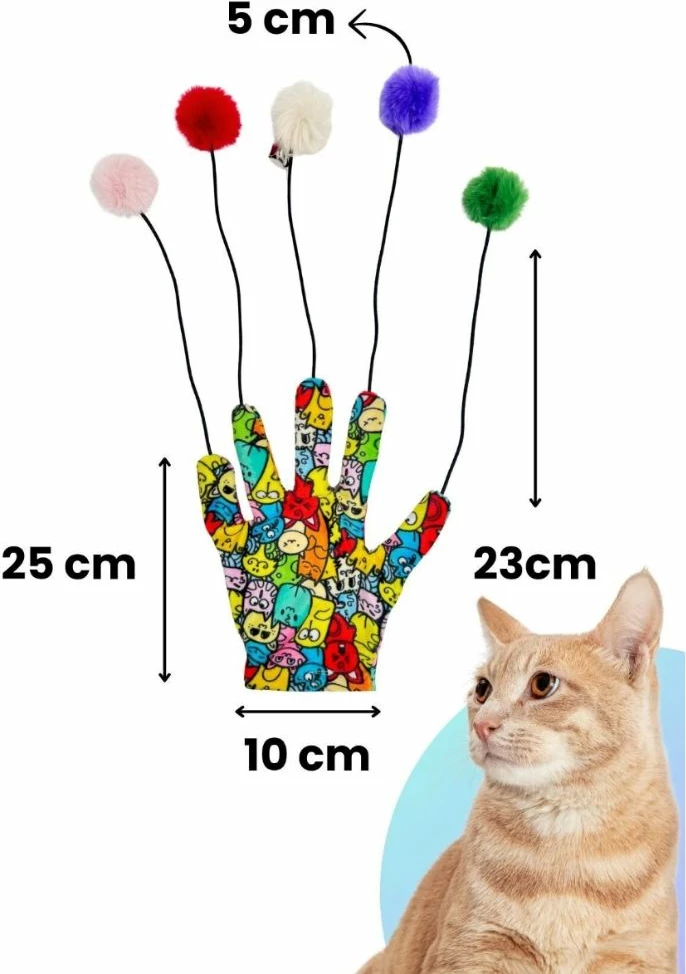 Igrača za mačke, večbarvna rokavica s cofki, Paws & Whiskers, Miyav 1017