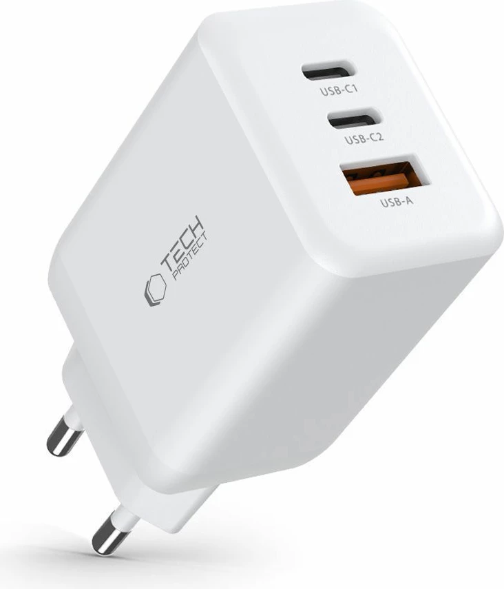 Omrežni polnilec 2x USB-C PD 65W / USB-A QC 3.0, Tech-Protect C65W, bel
