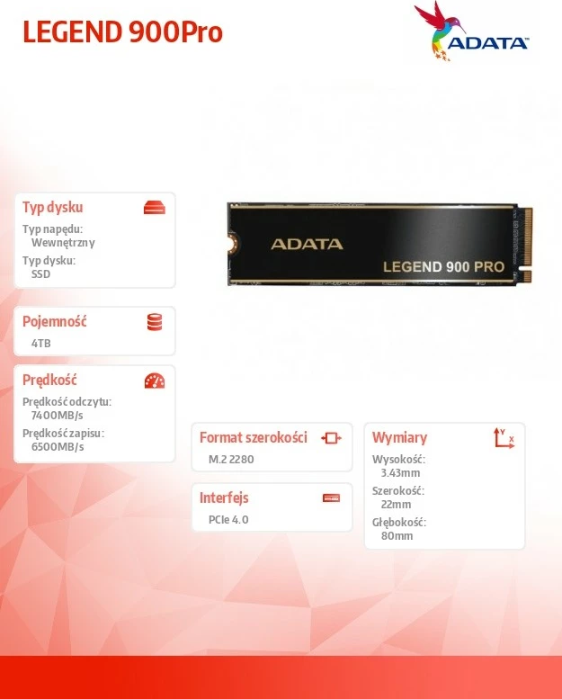 SSD LEGEND 900Pro Adata, 4TB, M.2 2280, PCIe 4.0, črn z zlatimi detajli